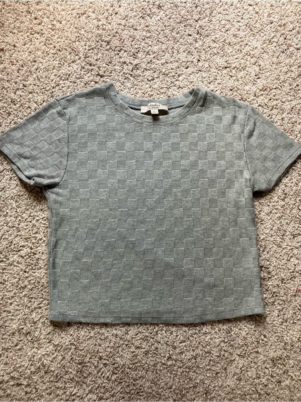 Gray Checker Knit Crop Top - Short Sleeve